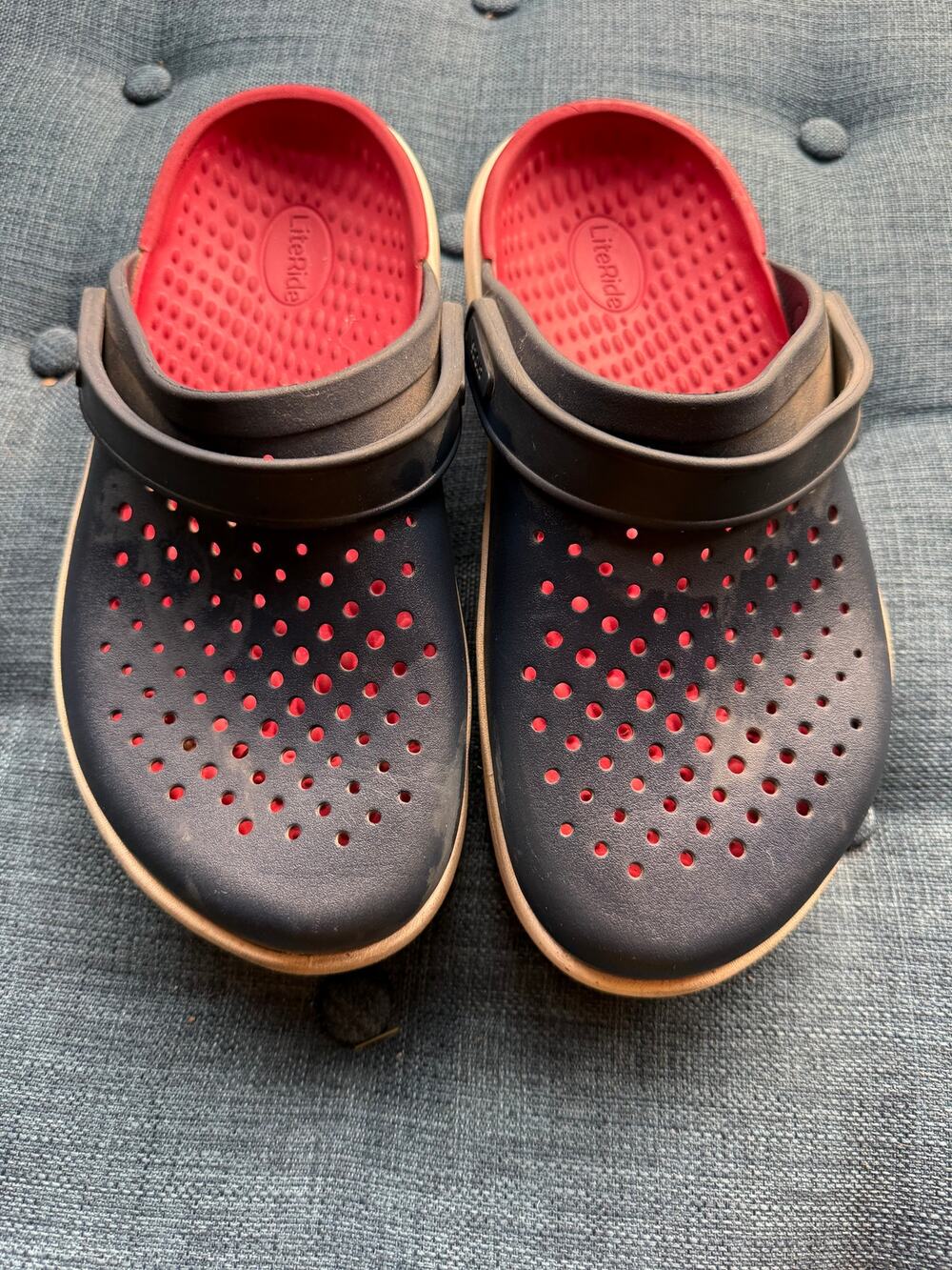 Crocs Gray Red Clogs Men 6 Women 8 with Heel Straps